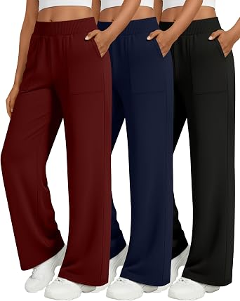 Oakgarden 3 Pack Womens Wide Leg Lounge Pants Baggy High Waisted Yoga Joggers Cozy Sweatpants with 4 Pockets