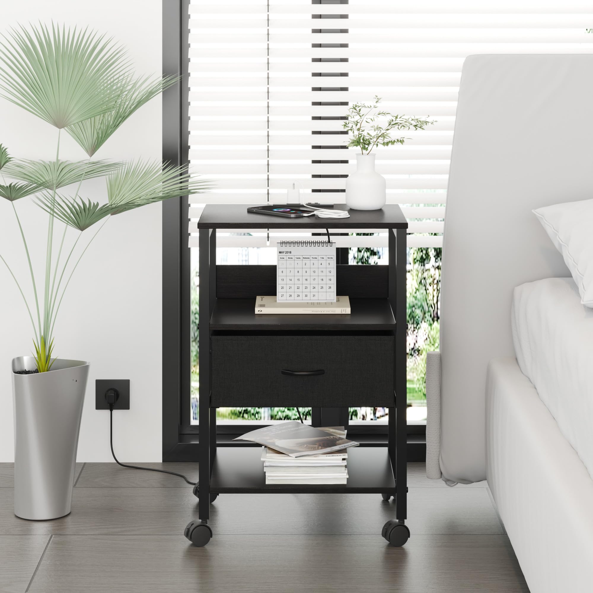Pamapic Nachtkastje met ledverlichting, bijzettafel met verstelbare hoogte, nachtkastje met laden en open planken, mobiel nachtkastje met wieltjes voor slaapkamer, woonkamer, kantoor, wit