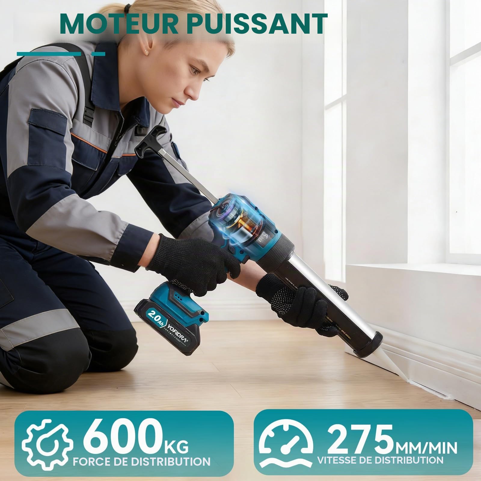 Pistolet à Silicone Électrique 600 kg 6 Vitesses Lumière LED 2 Batteries 2.0Ah 13 Accessoires 5 Buses 300ml
