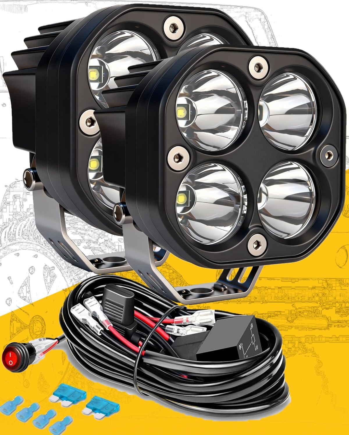 POD Lights & Ditch Lights System: 3-4 Inch LED Off Road Lights with Plug & Play Wiring Harness, Waterproof High Lumen Spot/Fog Beam for Truck, Jeep, ATV, Motorcycle | Driving & Fog Light Kit