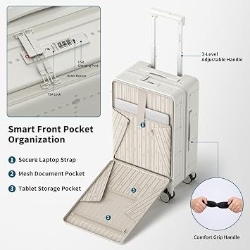 Santino Carry On Luggage 22x14x9 Airline Approved 20 Inch baggage pc Hard Shell Suitcase with Spinner Wheels TSA Lock with USB Port and Cup Holder and phone holder Top Opening Suitcase