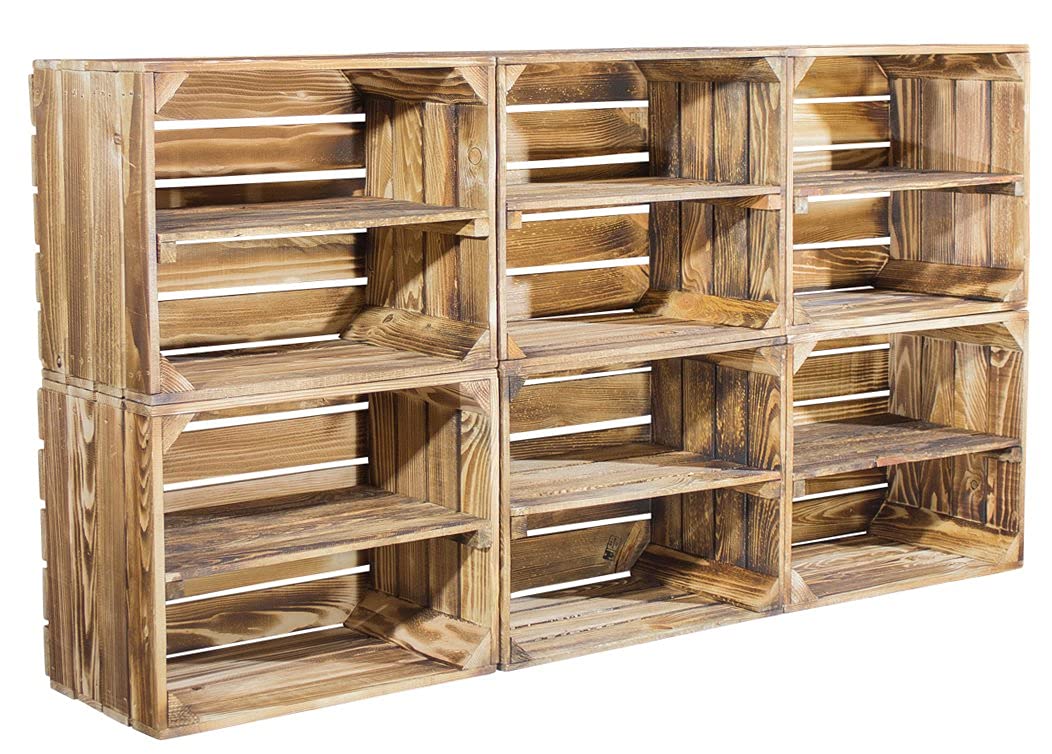 8 geflammte Kisten für Bücherregal - flambierte Apfelkiste / Obstkiste als Schuhregal - Kistenregal Regalkiste Obstkistenregal Regal Wandregal aus Holz - dunkel rustikal neu 50x40x30cm