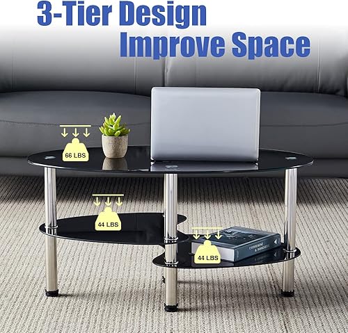 Miniatura 9 de Mesa de té de vidrio ovalada para oficina, mesa de centro moderna de 3 niveles, mesa auxiliar para sala de estar (transparente) Claro,Negro -