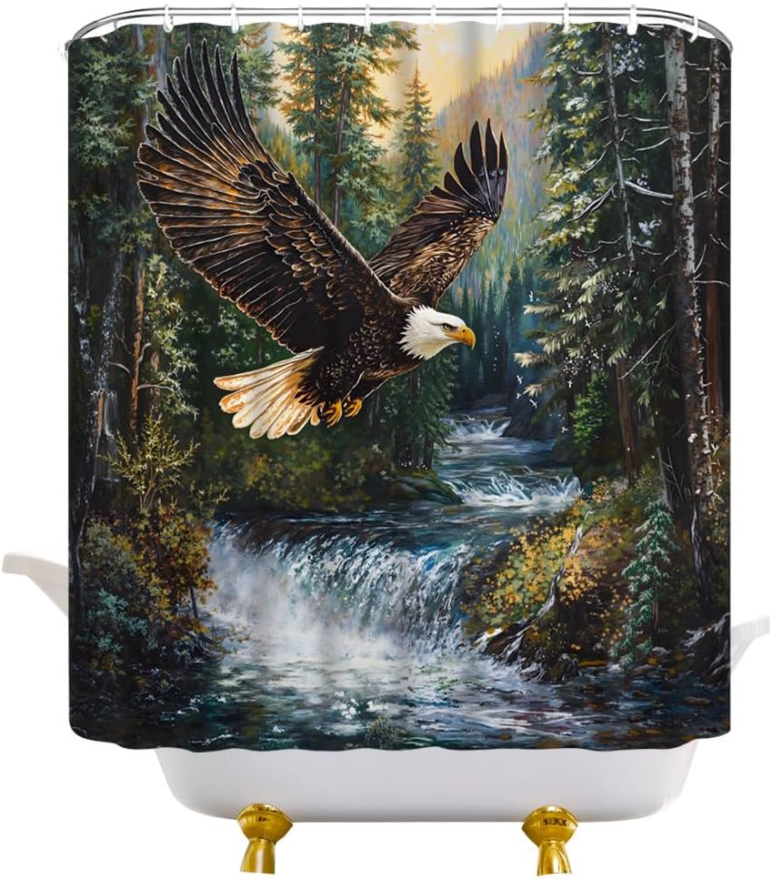 Bald Eagle Shower Curtain Flying Eagle Wild Animals Wildlife Green Nature Forest Fabric Bathroom Decor Curtains with Hooks, 70" Wx84 H