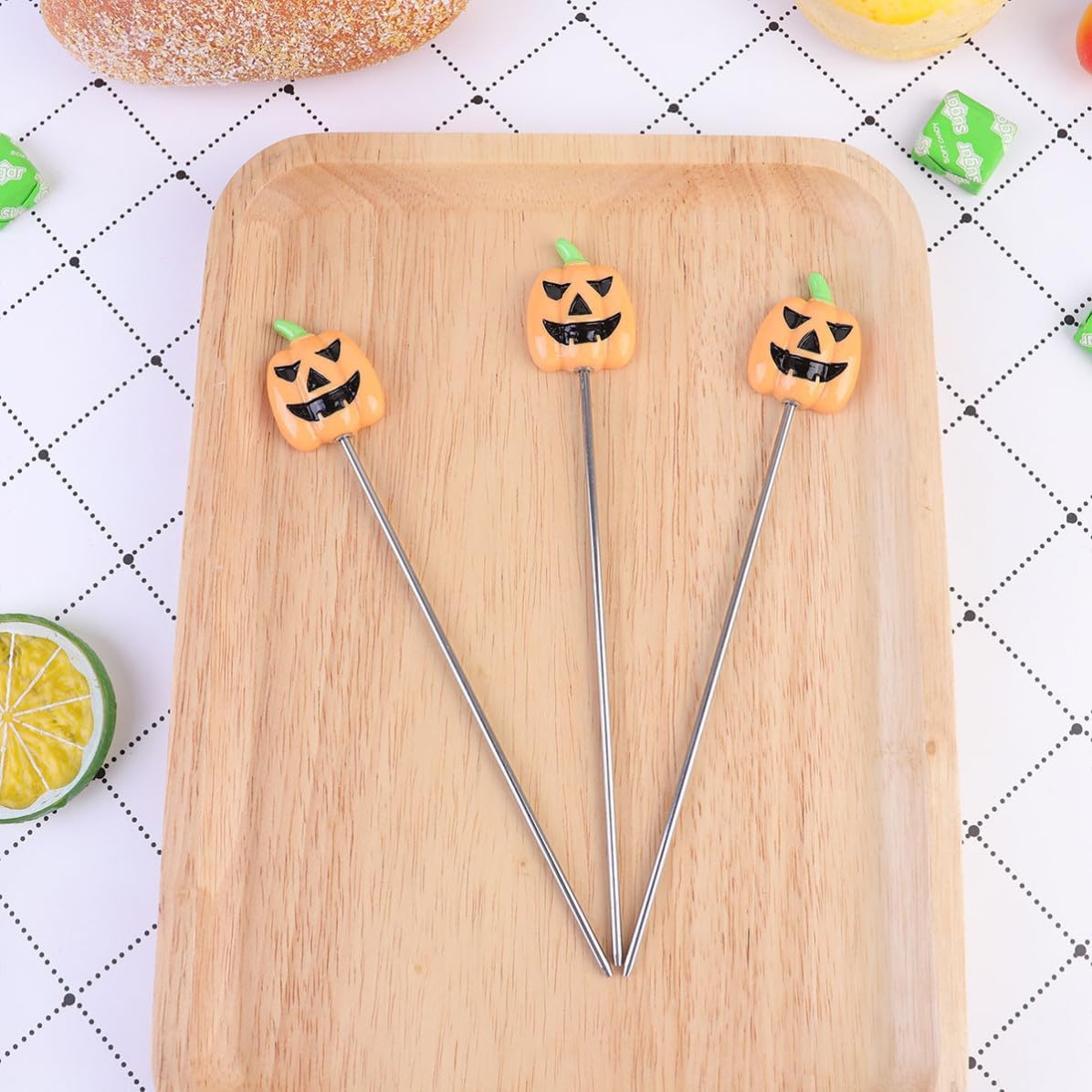 Cake Tester Pins Baking Tool 4pcs Stainless Steel with Pumpkin Head Shape, Orange Resin Handle for Testing Cakes and Bread Readiness Cupcakes, Muffins