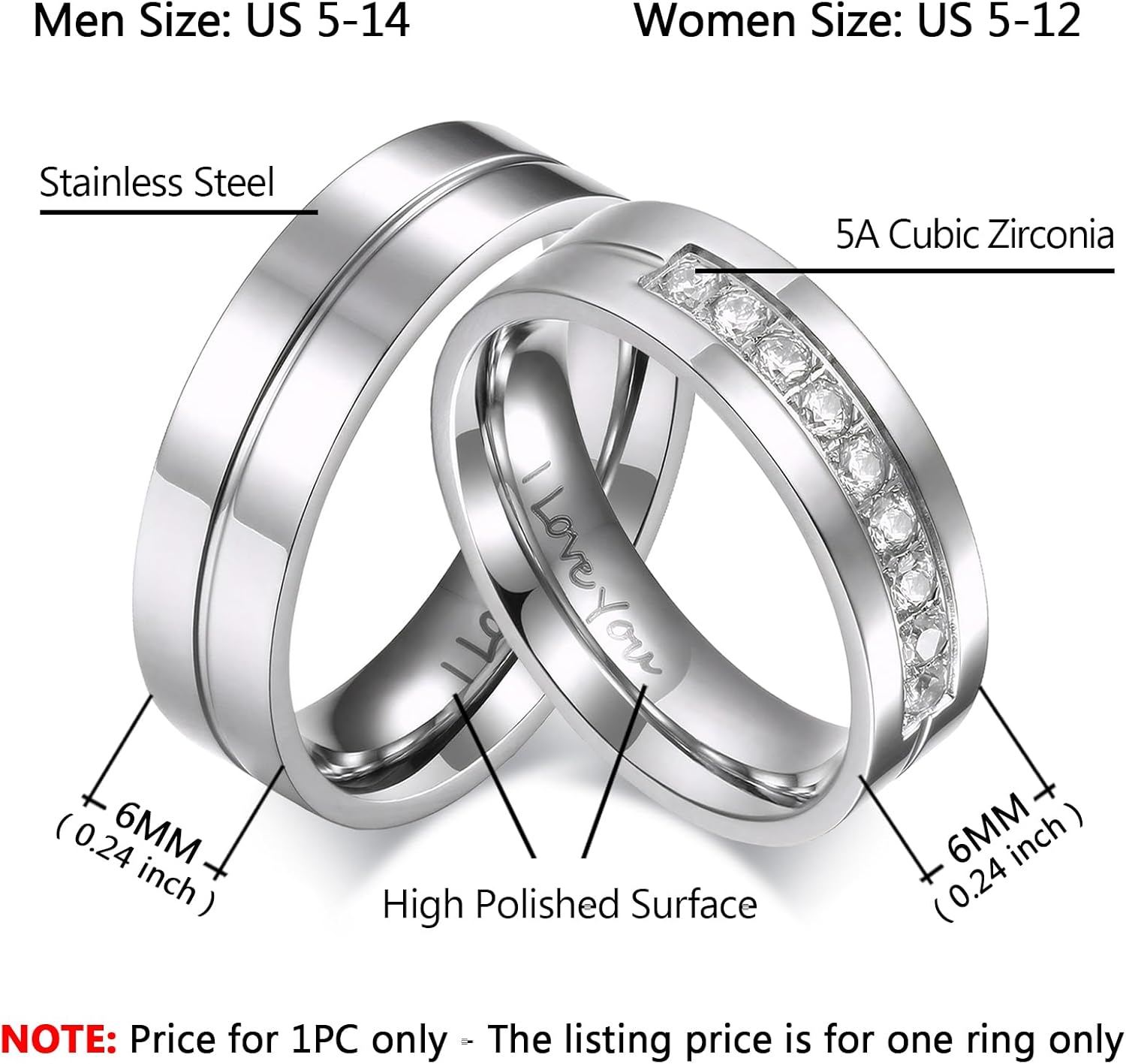 His & Hers Couple Ring Promise Ring Stainless Steel Couple Wedding Engagement Bands Cubic Zirconia CZ Band for Women Men Lovers Matching Princess Cut Bridal Jewelry Gifts Comfort Fit Size 5-14