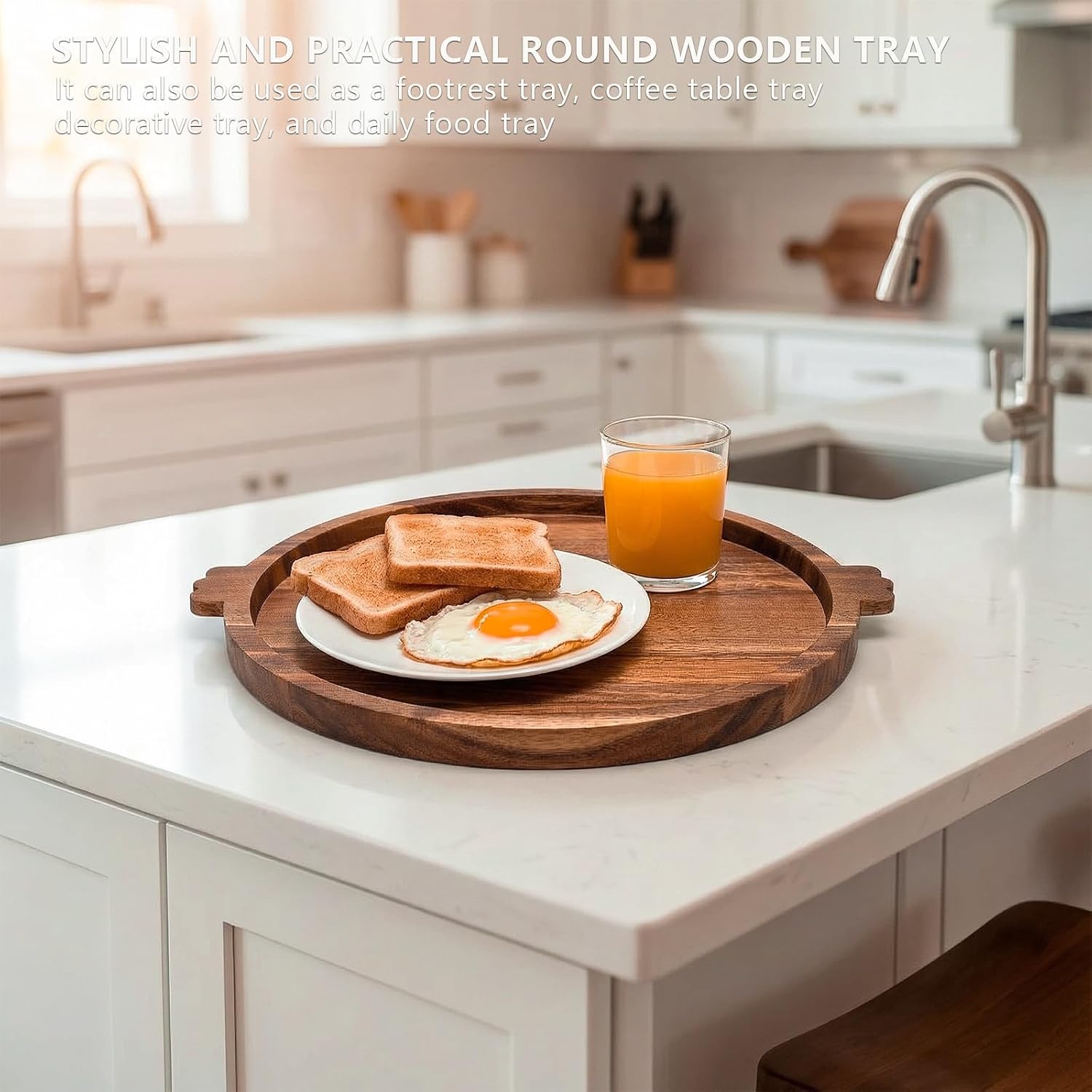 13" Round Acacia Wood Tray with 2 Built-in Handles | Versatile Serving Board for Coffee Table, Parties & Daily Dining | Large Charcuterie & Cheese Platter, Decorative Gift Tray