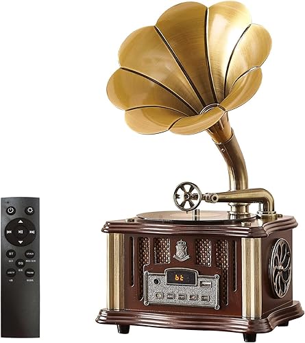 Tocadiscos de fonógrafo vintage con Bluetooth 4.2, todo en uno, 2 altavoces estéreo integrados, tocadiscos de vinilo simulado, reproductor de radio