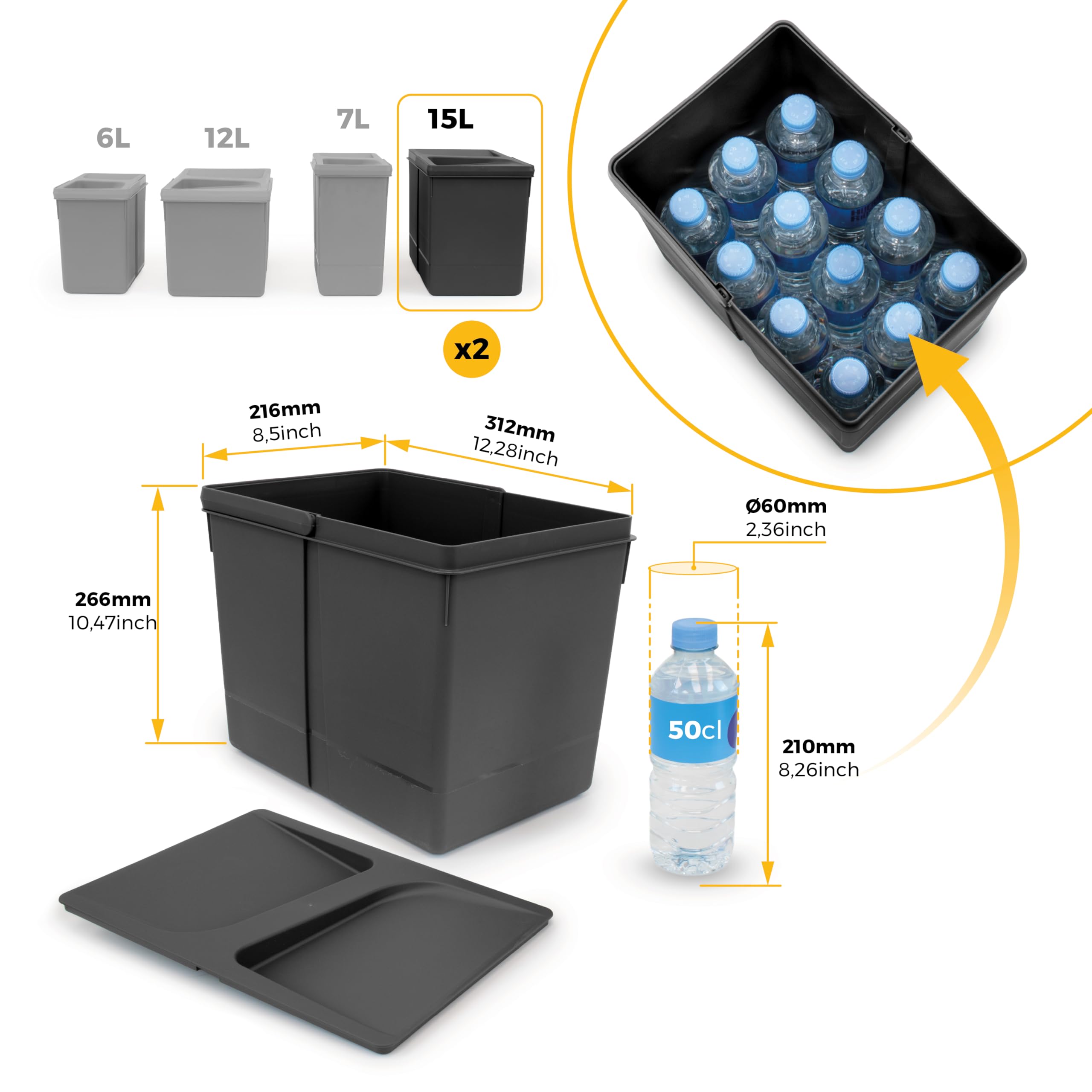 Emuca - Contenitori per la raccolta differenziata per cassetti da cucina, H 266 mm (2 x 15 L + 2 x 7 L), Plastica nera