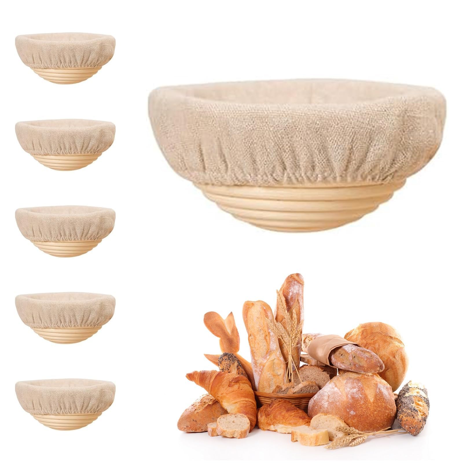 Set of 6 Round Proofing Baskets, Sourdough Starter Set, Mini Banneton Proofing Basket