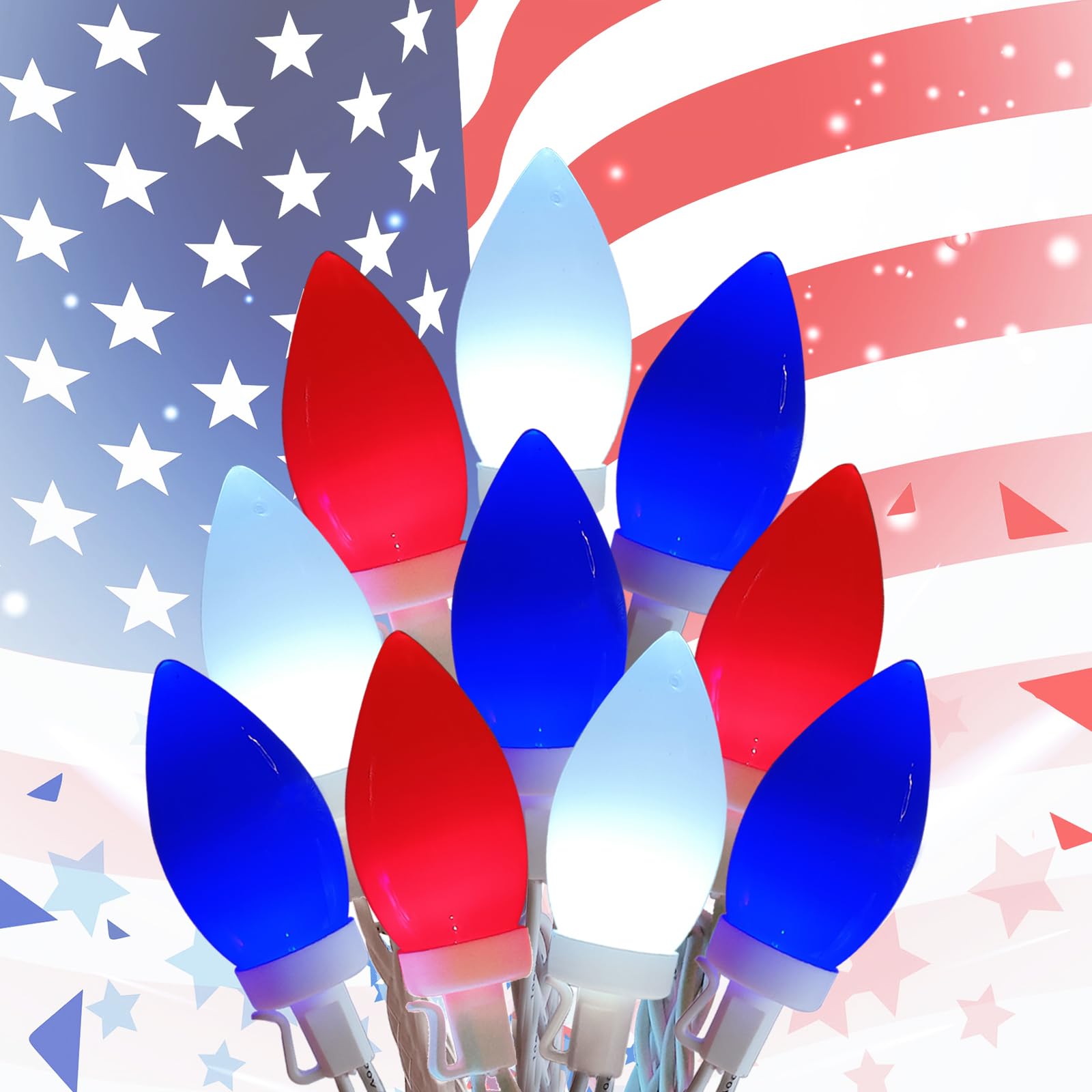 C9 Red White and Blue Lights for Fourth of July Decorations, 25Ft