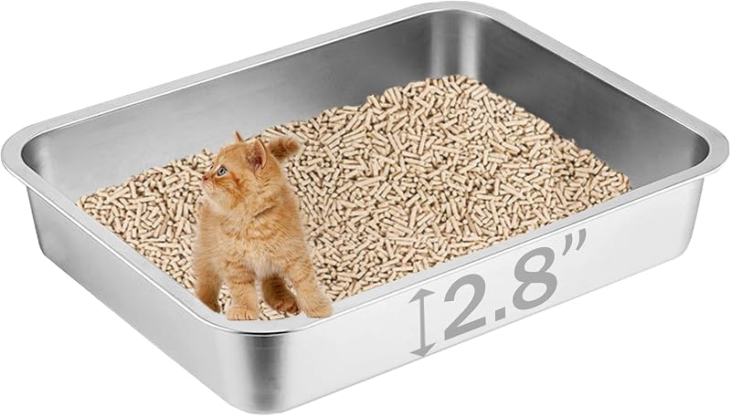 Caixa de Areia para Gatos em Aço Inoxidável Volope com Entrada Baixa para Filhotes 45,0 × 35,1 × 7,1 cm