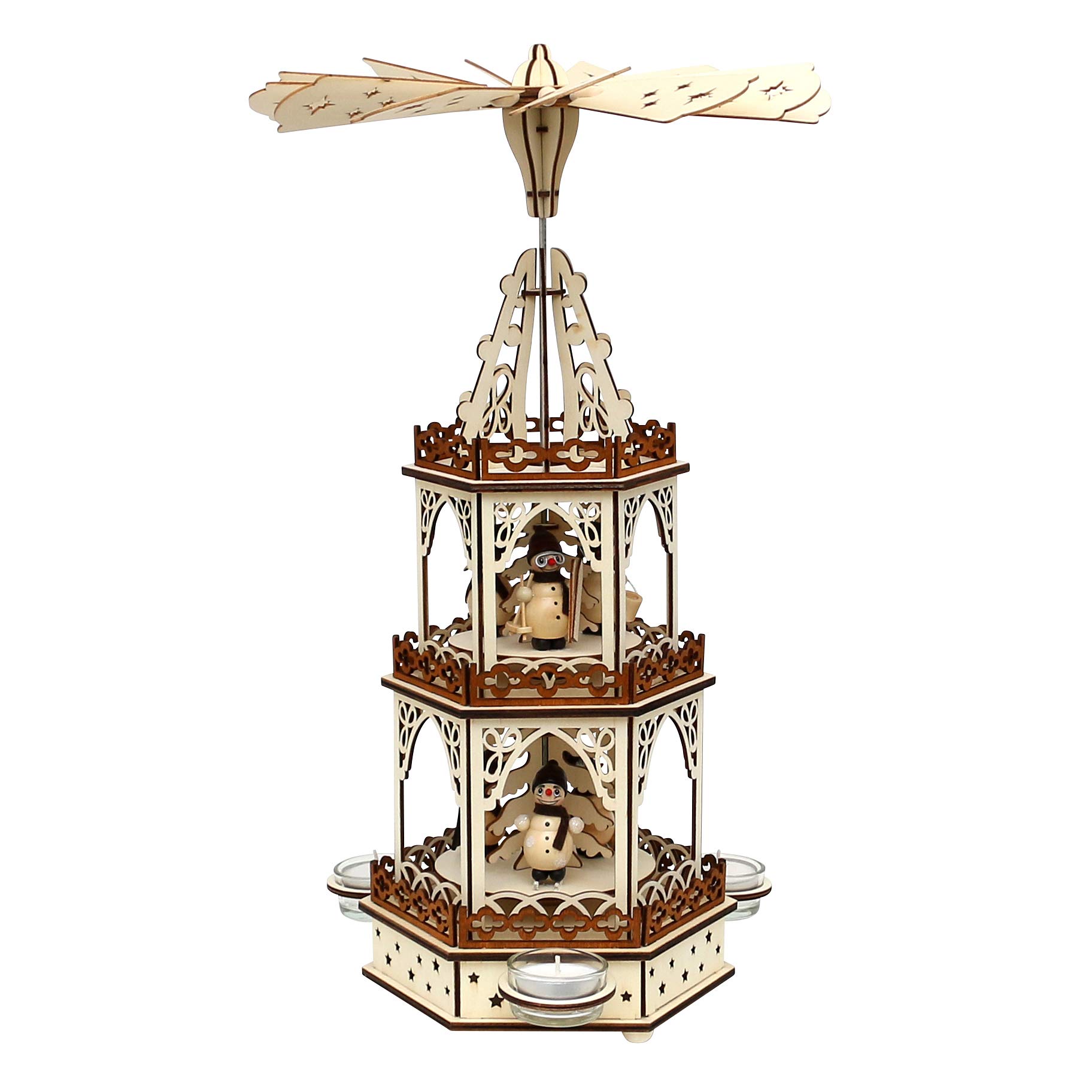 Wooden Tea Light Pyramid in Natural/Brown with 3 Levels for 3 Tea Lights (L x W x H): 19 x 16.5 x 42 cm Snowmen Motif