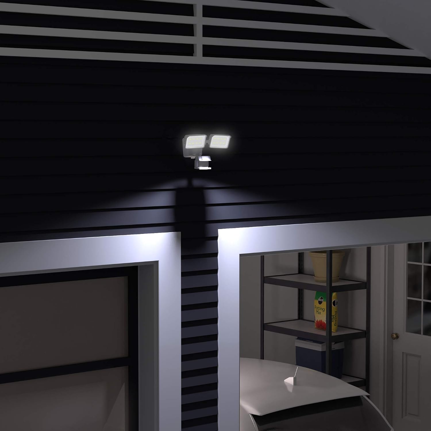 Amazon Basics solar security light illuminated at night, mounted on a wall, casting a bright light over an outdoor area.