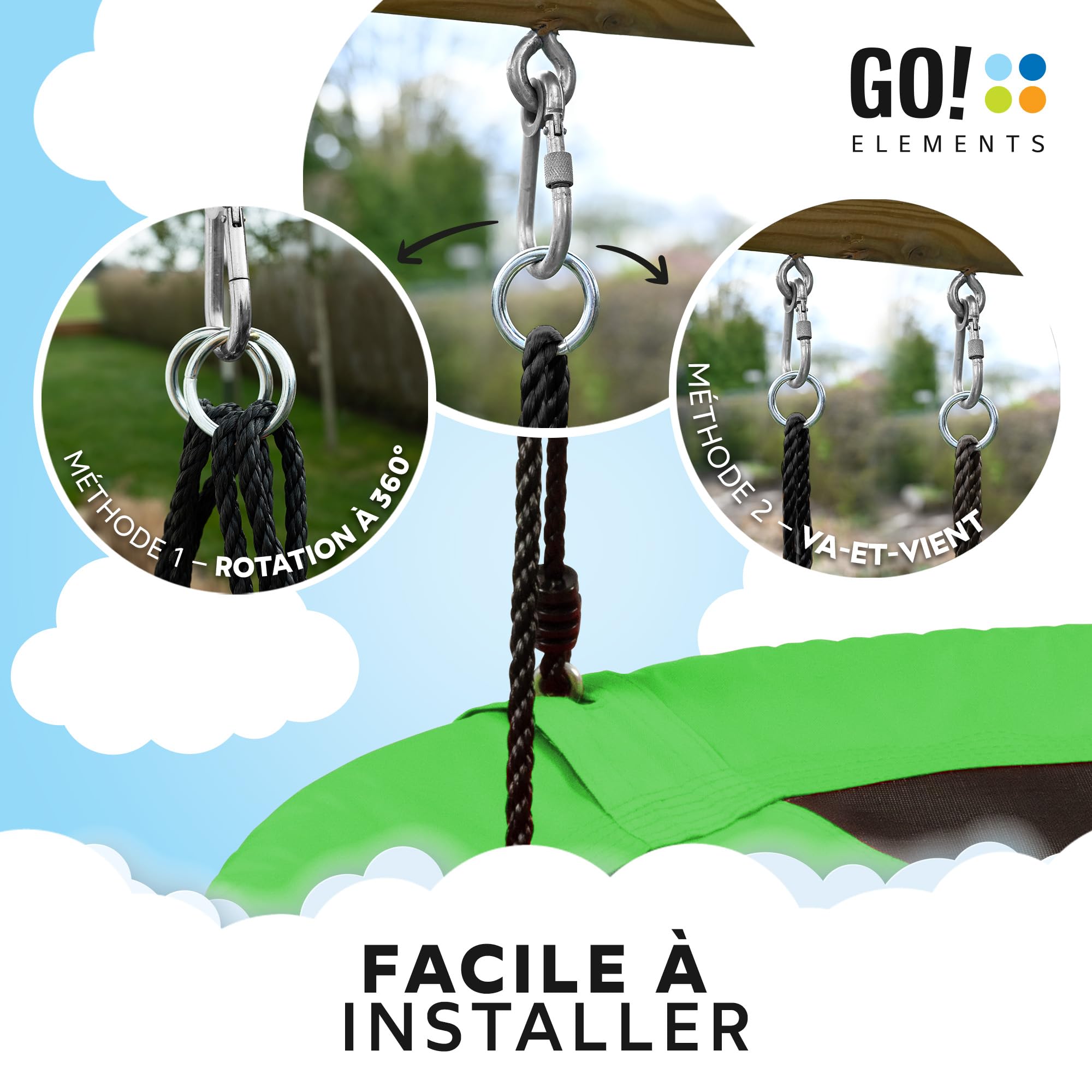 GO!elements Balancoire nid d'oiseau | balancoire nid d Oiseaux Exterieur | Réglable en Hauteur pour Enfants & Adultes (balançoire familiale) jusqu'à 150 kg de capacité | Taille : ø 80 cm, Coul: Vert