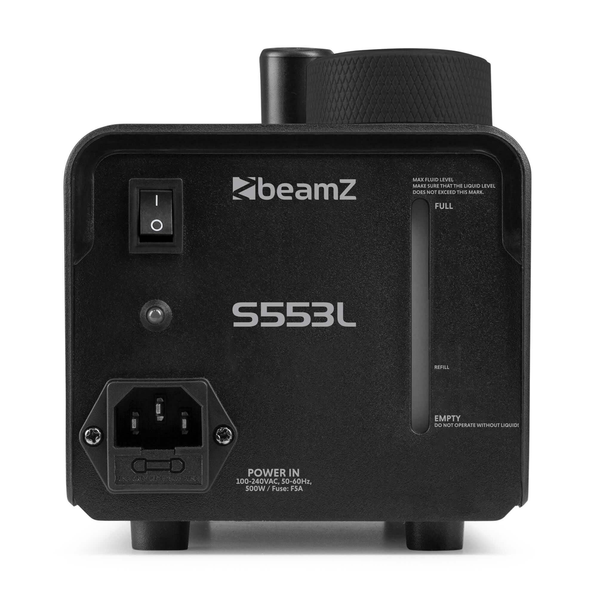 BeamZ Nebelmaschine S553L - LED Nebelmaschine Mini mit Lichteffekt und 250ml Nebelfluid, 550 Watt mit Fernbedienung, Rauchmaschine Party, Smoke Machine mit 3 LEDs RGB, Nebelmaschine Halloween