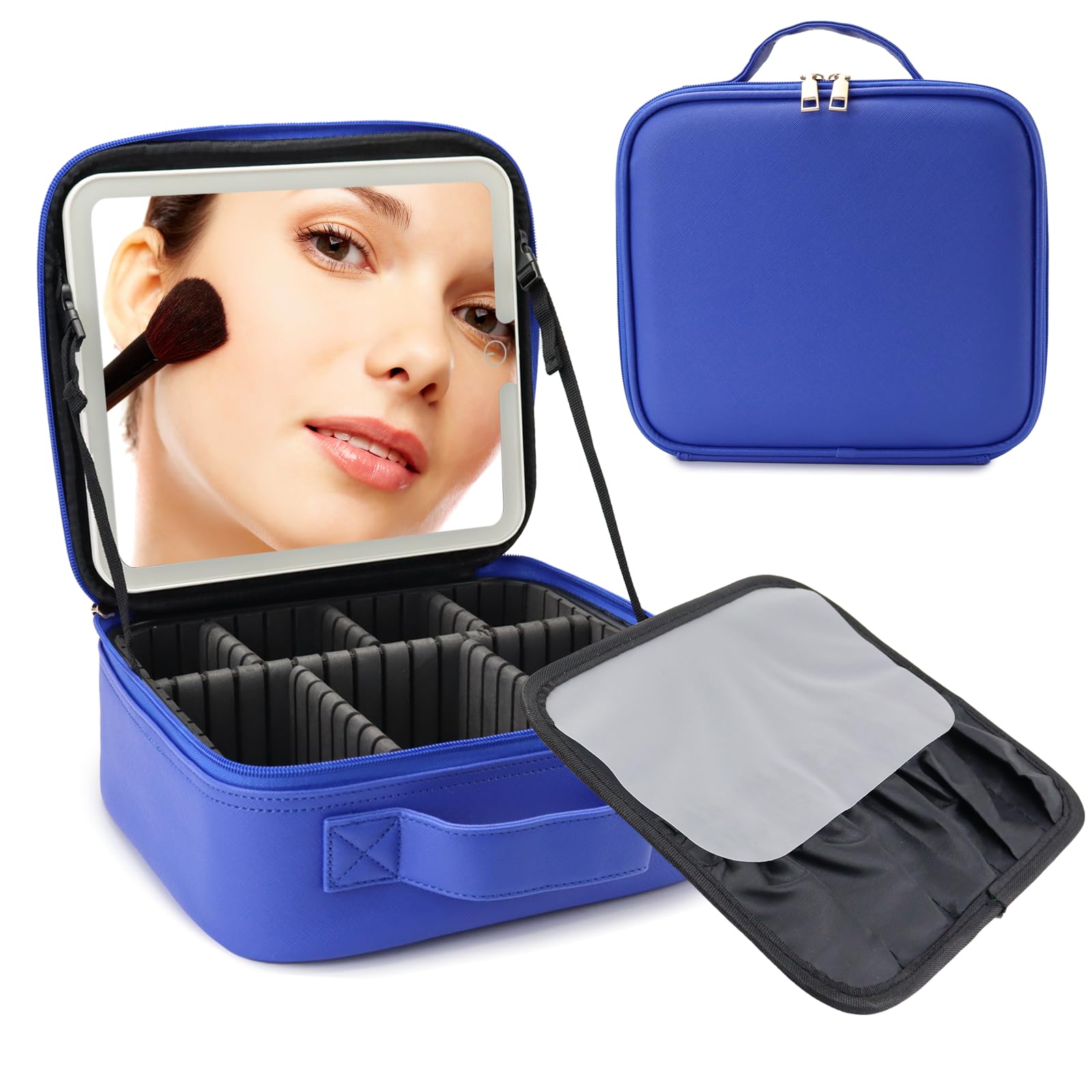 SLUMAZI Travel Makeup Bag with LED Mirror Travel Makeup Organizer with 3 Lighted Settings, Adjustable Dividers and Makeup Brush Storage Bag Dark Blue