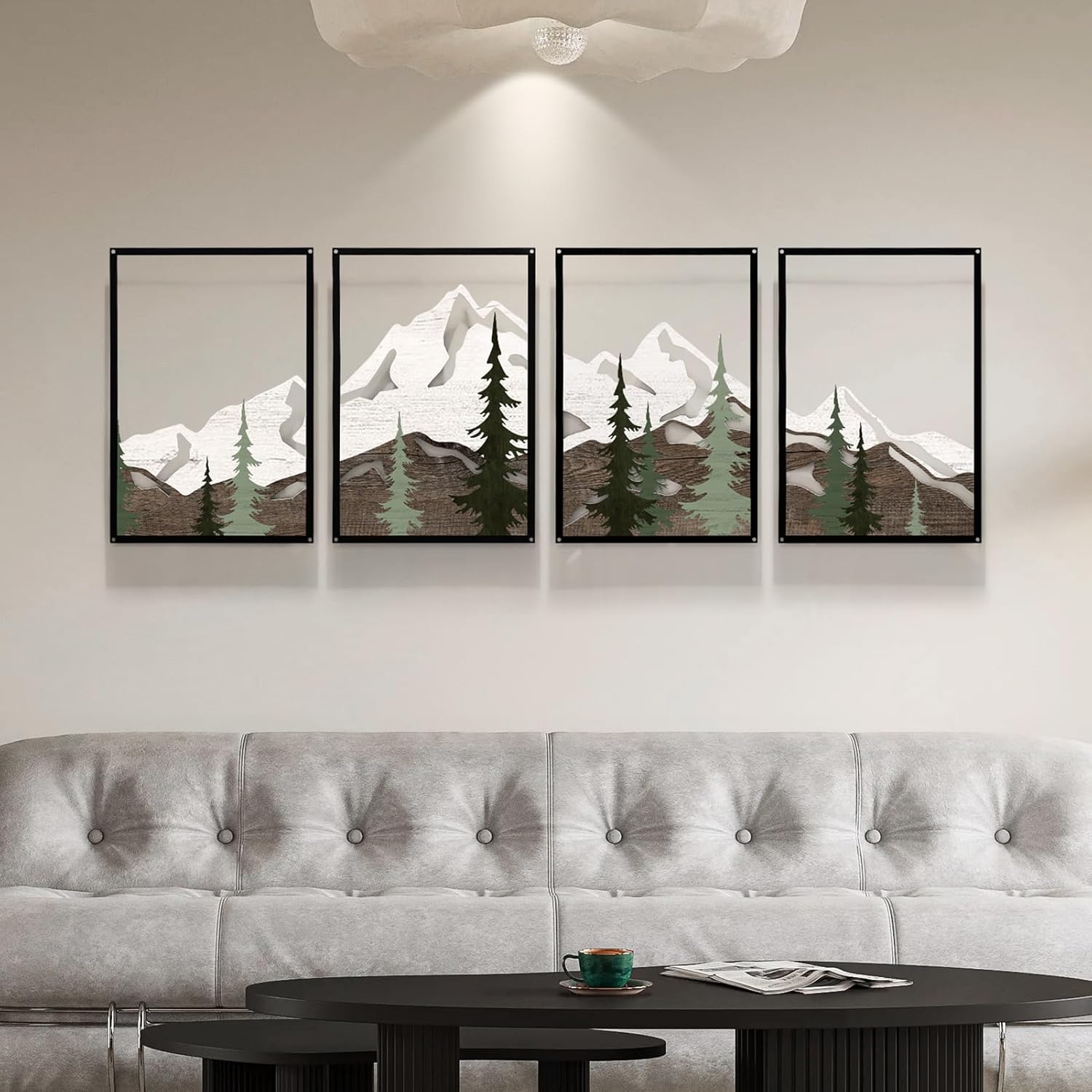 FIXNEO Minimalist Modern 4 Piece Wall Art with Mountain Design - Large 43.3" x 15.74" Black Metal Wall Art for Living Room, Dining Room, Bedroom, Office, Kitchen | Apartment Decor Aesthetic