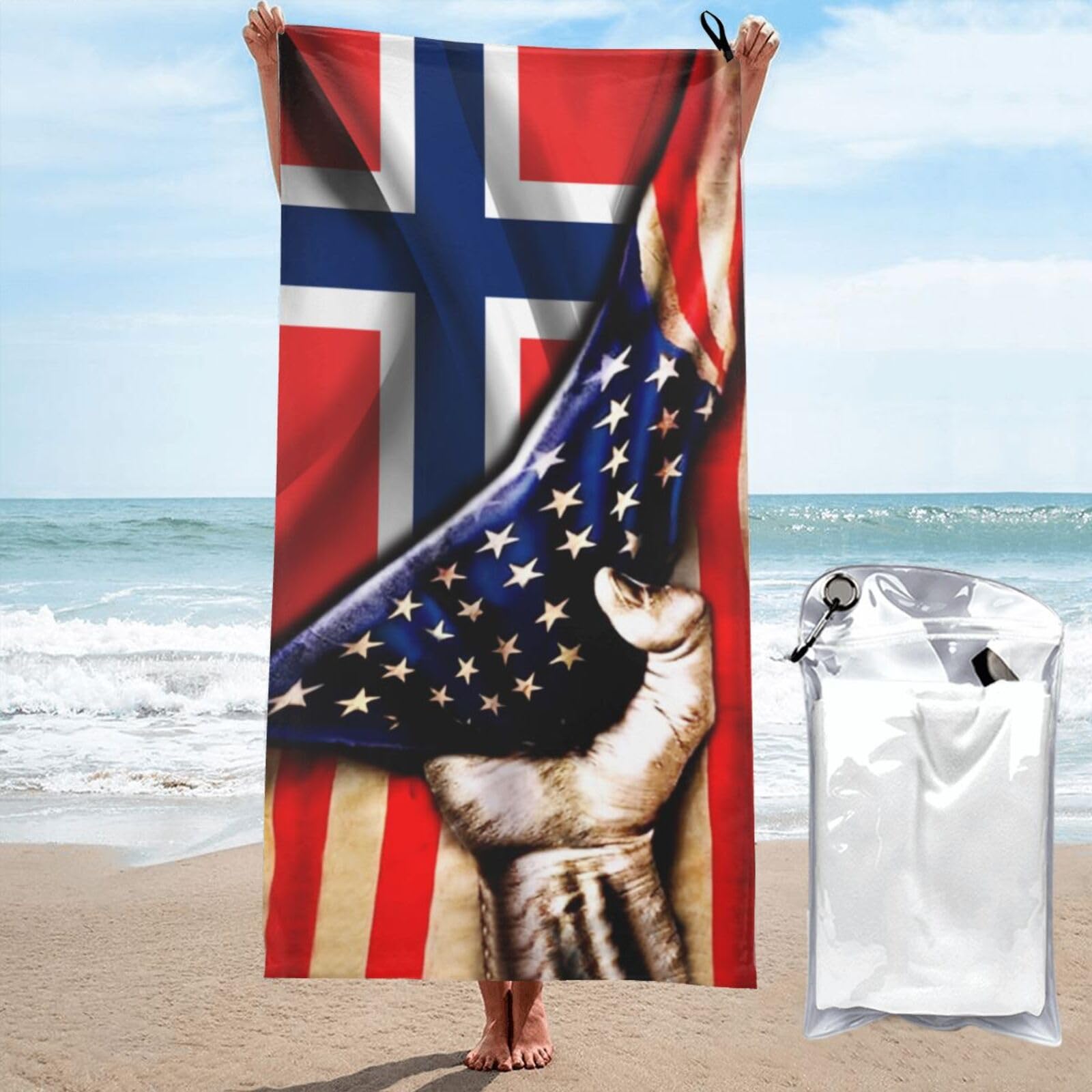 HACXZ Large Camping Towel America Flag and Norway Norwegian Flag Microfiber Beach Towel Bathroom Beach Towels