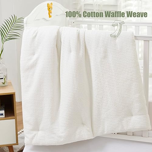 Miniatura 2 de Brandream Juego de ropa de cama de 3 piezas para cuna de bebé, color blanco sólido, 100% algodón, tejido de gofre, de coco, elegante, unisex,