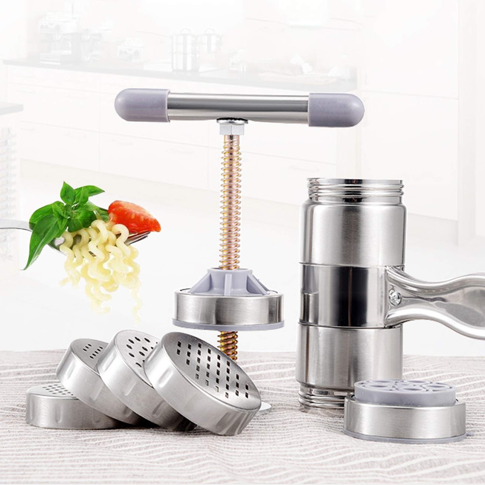 Suministros De Cocina Exprimidor Manual De Frutas para Hacer Fideos, Prensa De Pasta De Metal Multifuncional, Incluye 5 Moldes De Fideos Intercambiables, Hacer Espaguetis, Macarrones