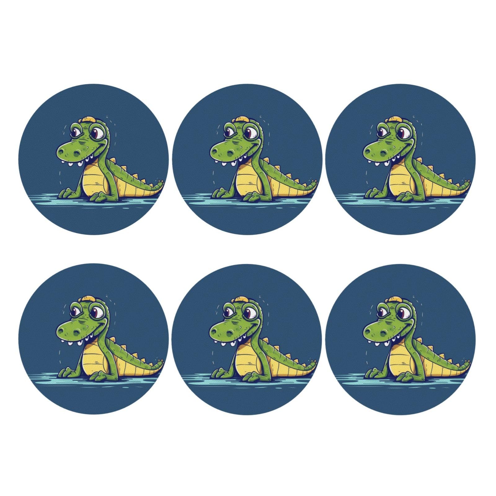 6pcs Leather Coasters for Drinks, Cartoon Crocodile Drink Coasters for Tabletop Protection, 4" Cup Coasters for Coffee Table Decor, Non-Slip Drinking Cup Mat for Hot Or Cold Drink