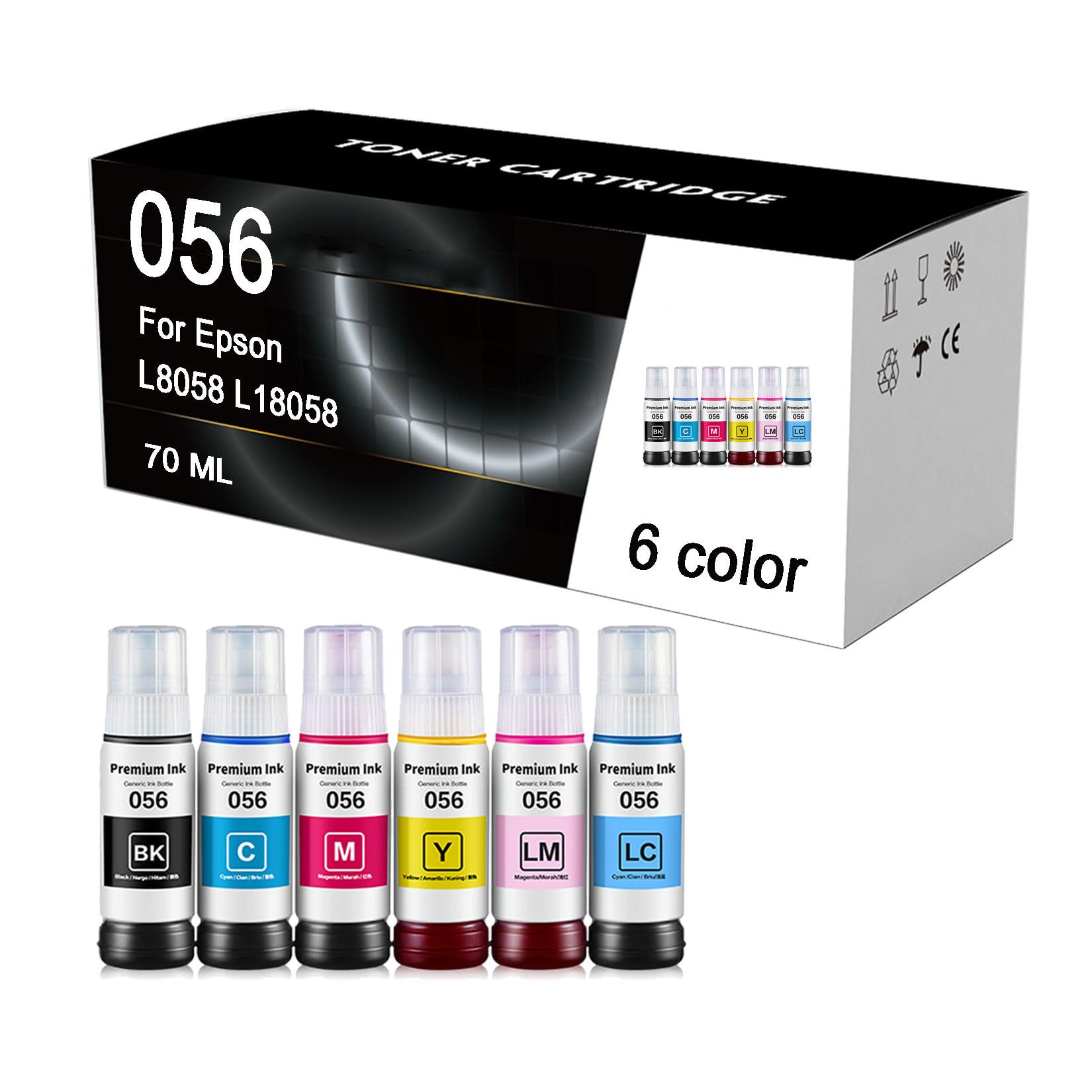 056 Kit De Recharge d'encre (6 Pièces 70 ML) Compatible avec Les Bouteilles d'encre des Imprimantes À Jet d'encre pour Epson L8058 L18058, Haute Capacité,6 Colors-70ml
