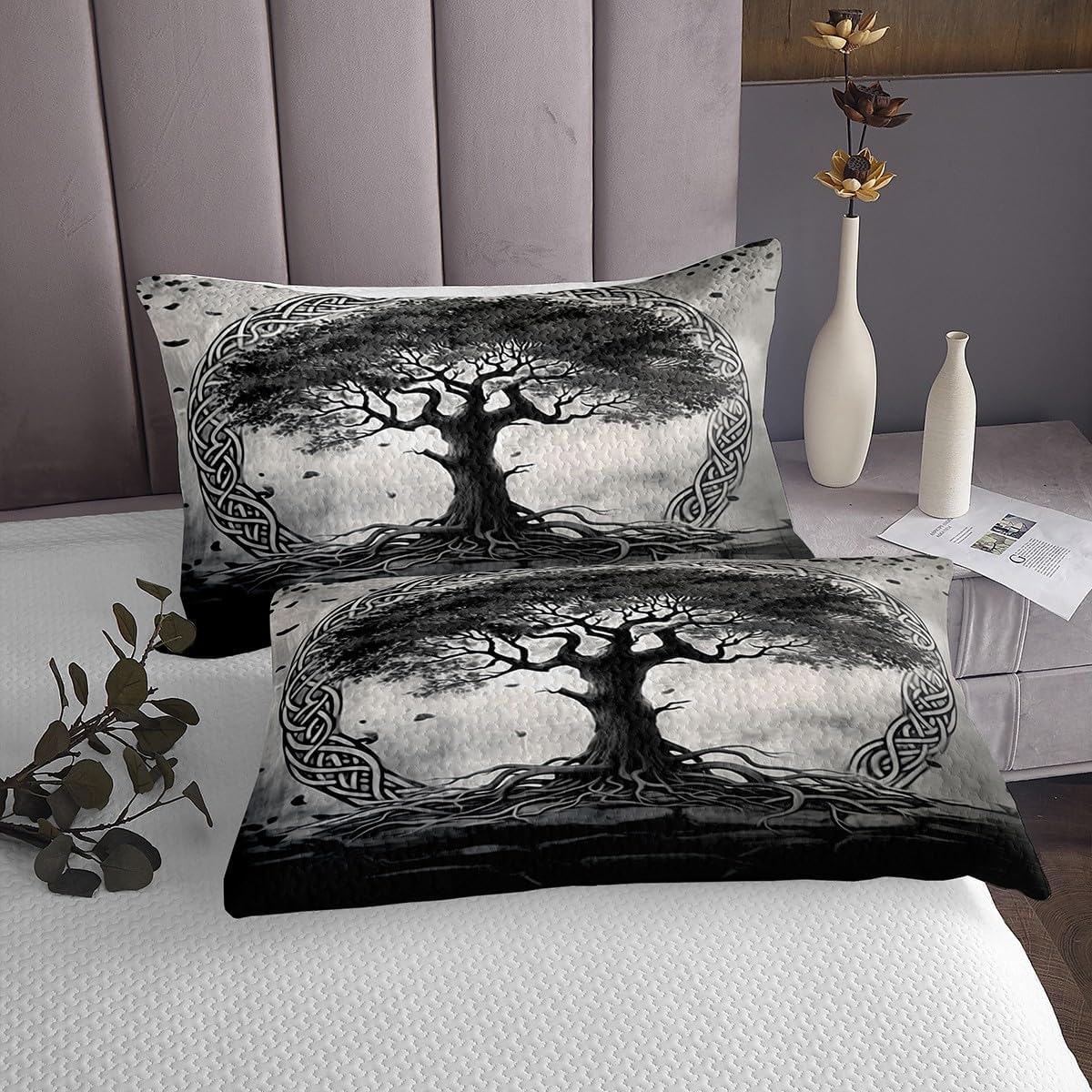 Homewish Tree of Life Bedspread Queen Size,Tree Aesthetic Bedding Sets for Kids Girls Boys Teens Adult Bedroom Decor,Black Grey Exotic Gothic Comforter Set Viking Style Print Quilt Set,2 Pillowcases