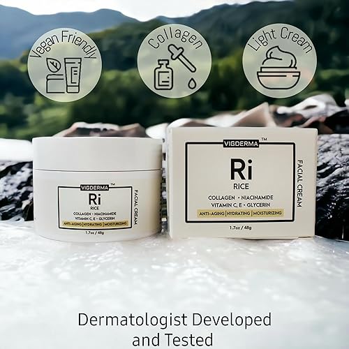 Miniatura 5 de Crema facial de arroz de 1.7 onzas, esencia de salvado de arroz con colágeno, niacinamida, vitamina C, aspecto brillante, mejora la barrera de la