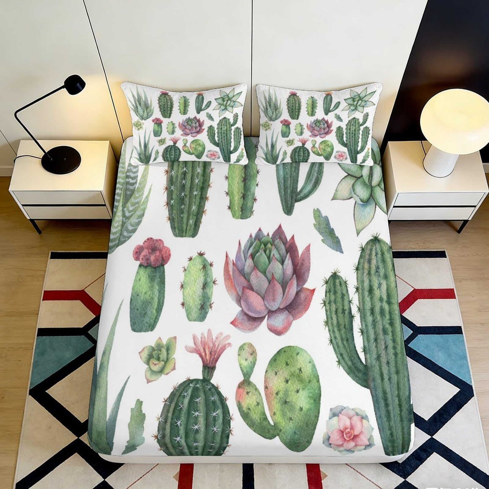 3D Printed Cactus Succulent Fitted Sheet Microfiber Soft Botanical Bed Sheet for Bedroom Guest Room Decor 90x200x25cm
