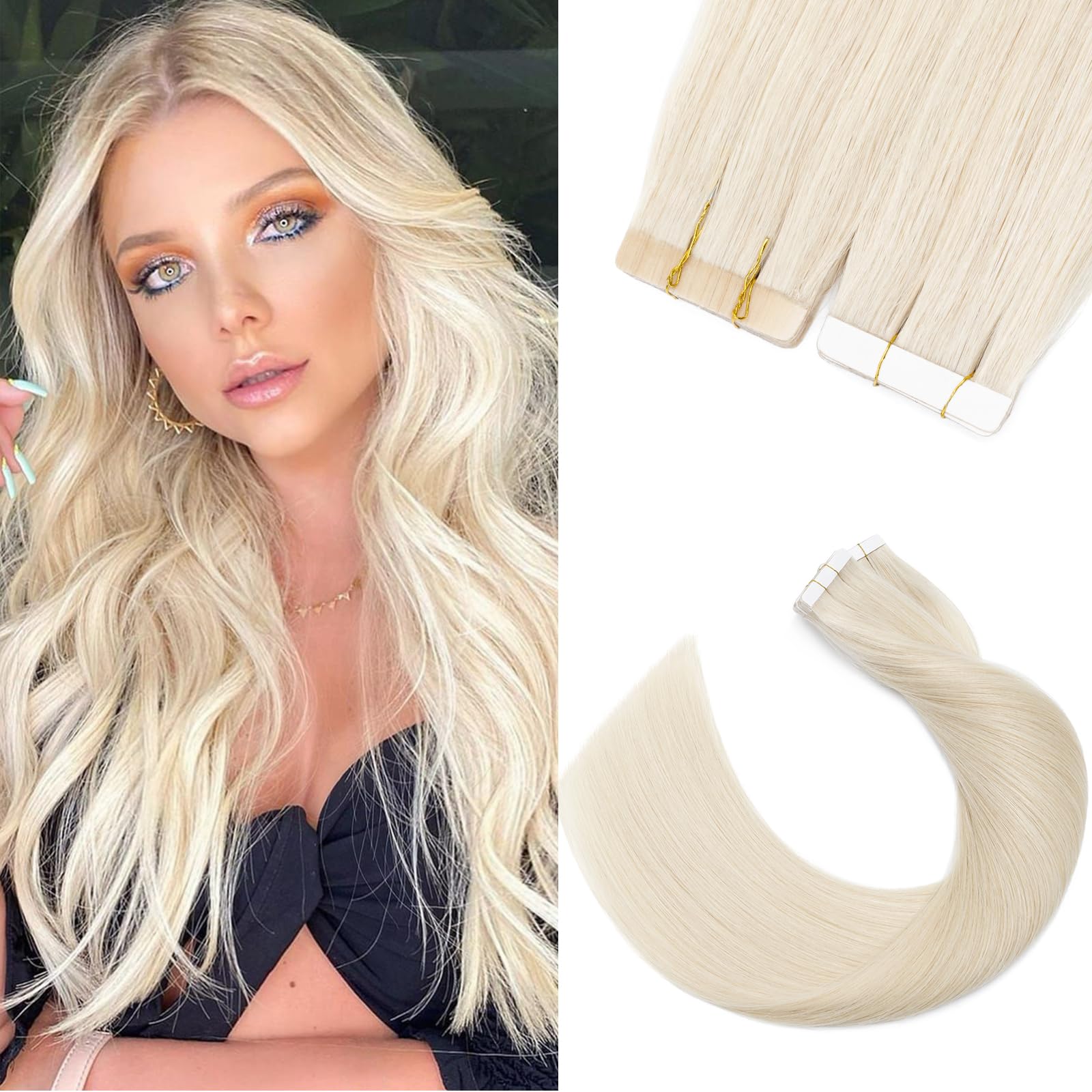 Silk-co Tape in Hair Extensions Remy Hair Extension Hair Pieces Silky Straight Human Hair Extensions Silky Soft Seamles 20 Pcs 20g/Set 12inch (20PCS)#70 Bleach White