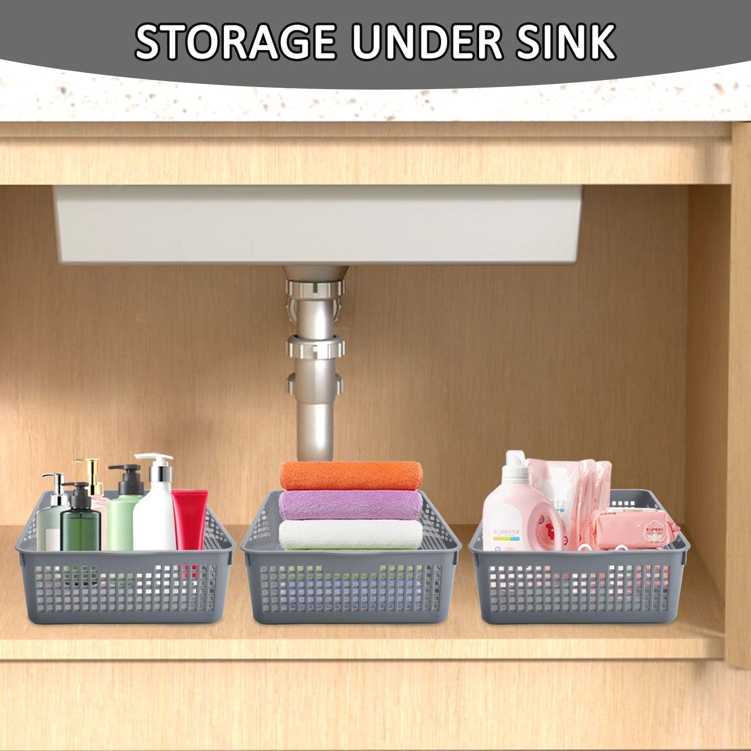 CONLI 6 PCS A4 Size Turn in Trays Classroom, Plastic Storage Basket Paper Tray Hold A4 Paper Toy Snack for Kitchen Shelves Bedrooms Office and Bathrooms (Gray)
