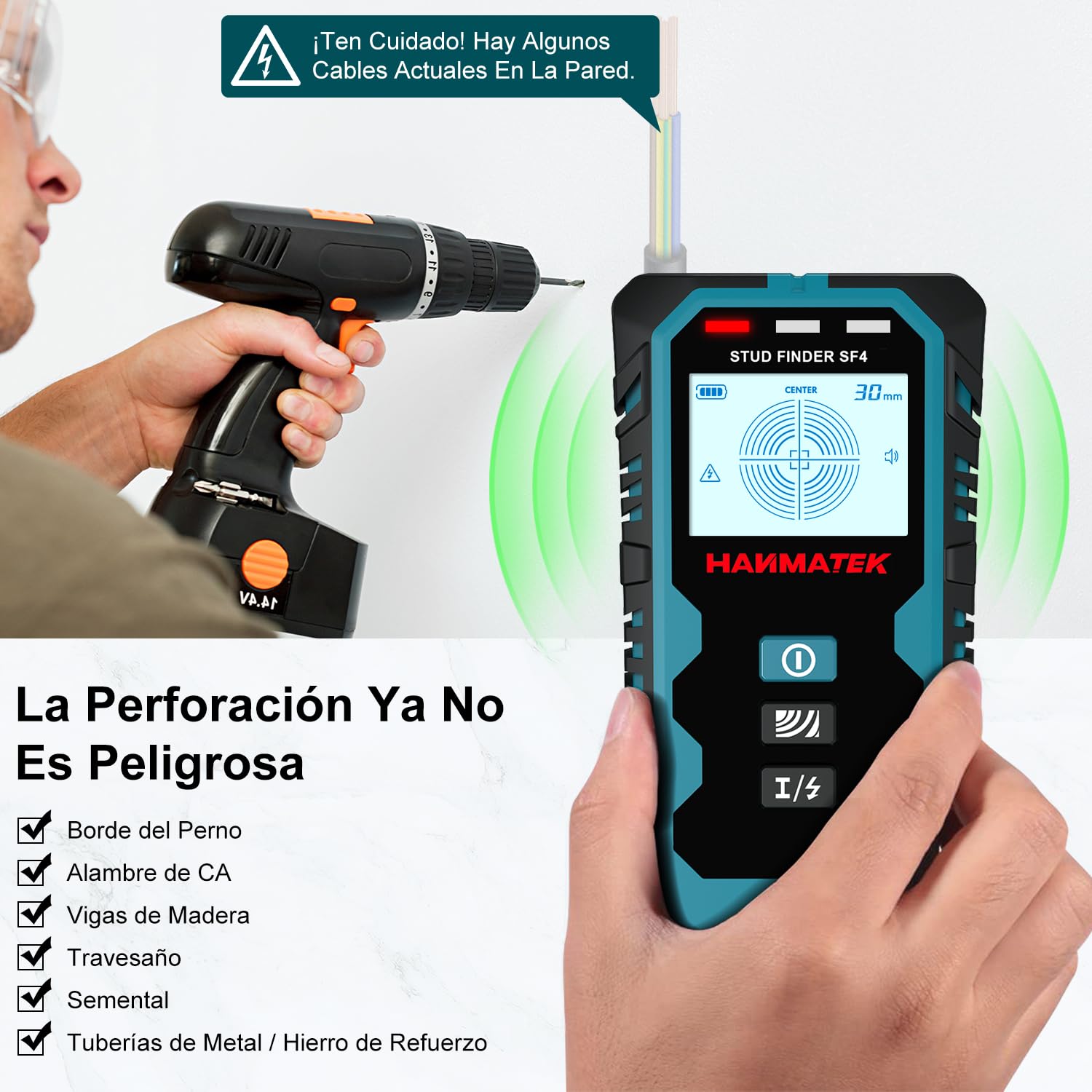 HANMATEK Detector de Vigas y Metales 5 en 1 con Sensor Inteligente, Escáner de Pantalla LCD HD y Alarma Sonora - Escáner de Pared para Metales, Cables CA, Madera y Tuberías - SF4