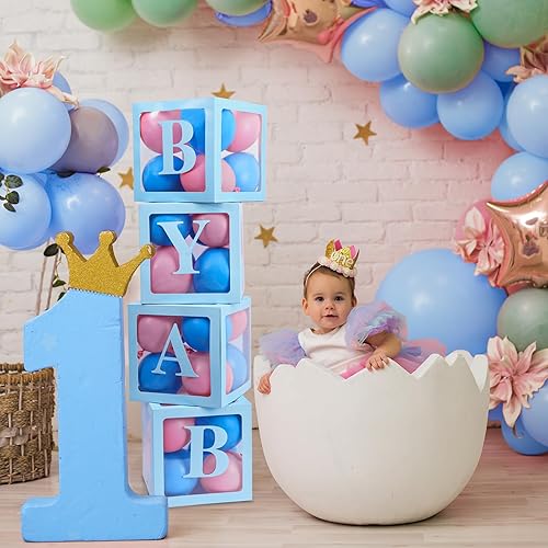 Miniatura 7 de RUBFAC Cajas de bebé con letras para baby shower, caja de bloque transparente azul, cajas de globos transparentes, decoración de fiesta de