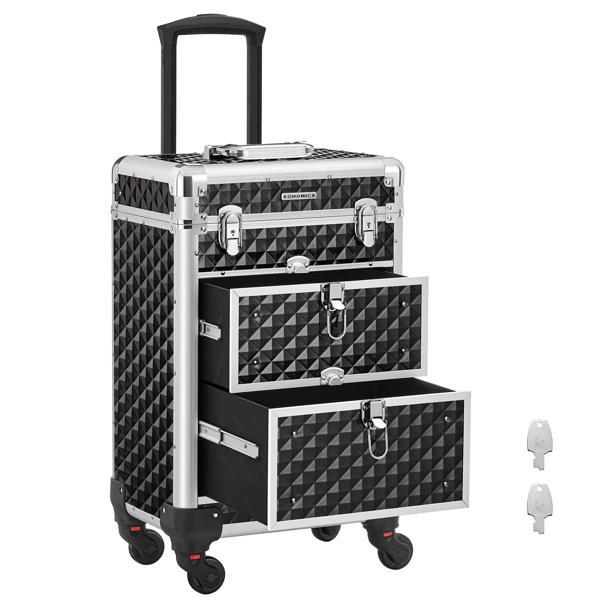 SONGMICS Kosmetikkoffer Trolley, Schminkkoffer 2 Schubladen, Friseurkoffer groß, Make-up Koffer, 34 x 24 x 56 cm, Rollen 360° drehbar, Reisen, Friseure, Geschenkidee, schwarz JHZ08BK