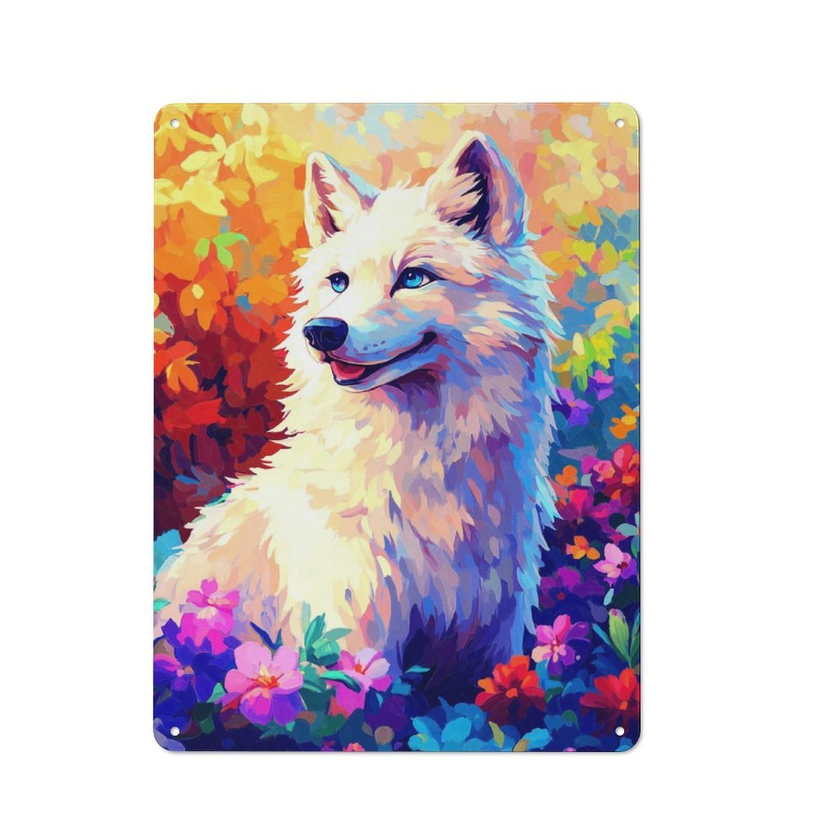 Junmoney White Wolf In Flowers Metal Plaque 40X30cm With For Garage Wall, Retro Decor, For Garage Decor Collectors Refreshing A Room In Autumn