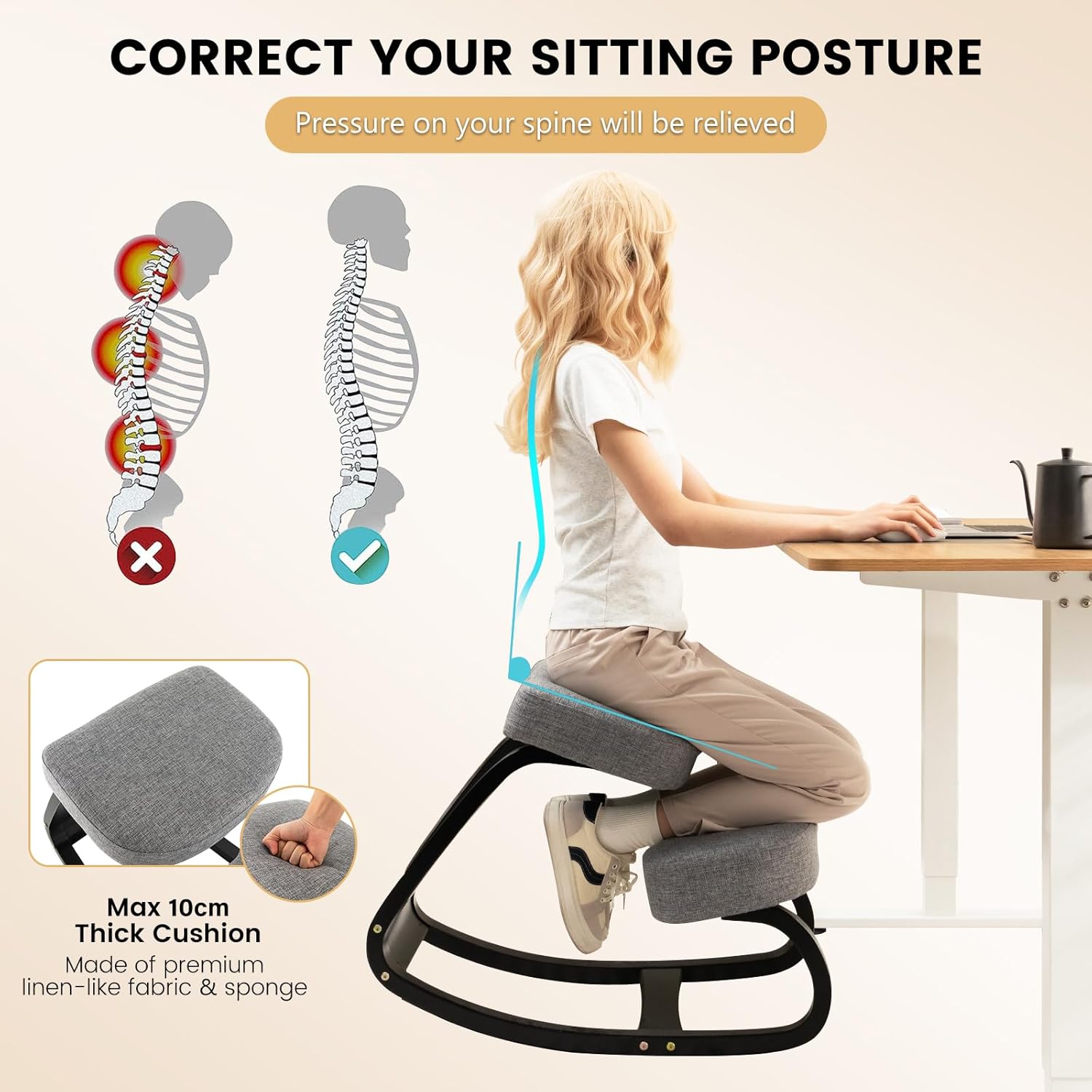 DORTALA Ergonomic Kneeling Chair, Rocking Knee Chair for Upright Posture, Home Office Ergo Kneel Support Stool, Relieving Back and Neck Pain & Improving Posture