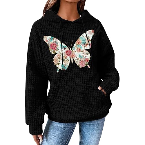 Women's Black Hoodies Casual Long Sleeve Waffle Sweatshirts 2025 Fashion