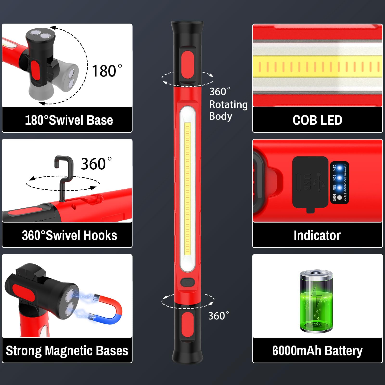 ERAY Lampe de Travail 3000LM, 6000mAh Baladeuse LED Rechargeable | Base Magnétique, 360° Crochet, 3 Modes, Rotation à 180, Projecteur LED Rechargeable pour Réparation, Garage, Atelier, Camping