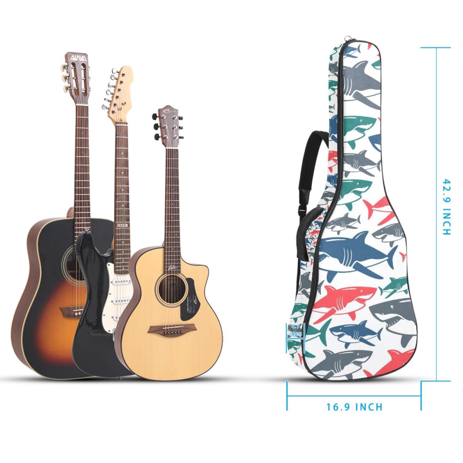 Torba na gitarę akustyczną Wodoodporny plecak na gitarę Gruby miękki wyściełany Shark Klasyczna obudowa na gitarę, wielobarwny, 42.9x16.9x4.7 in, Organizer do torby