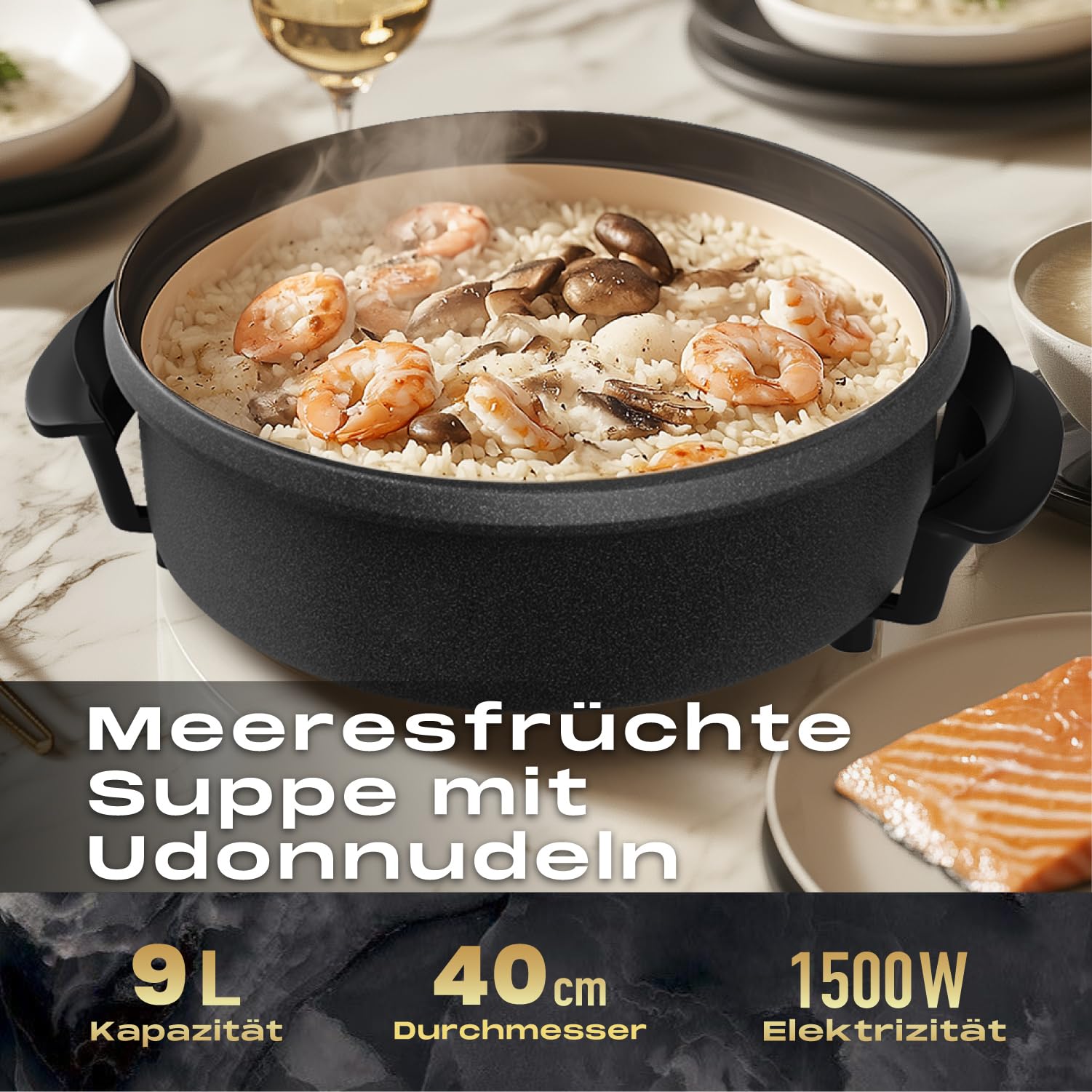 Wielofunkcyjna patelnia elektryczna, 9, 6 l, 42 x 7 cm, 1500 W, patelnia elektryczna z pokrywką, patelnia imprezowa do pizzy dla rodziny i na co dzień