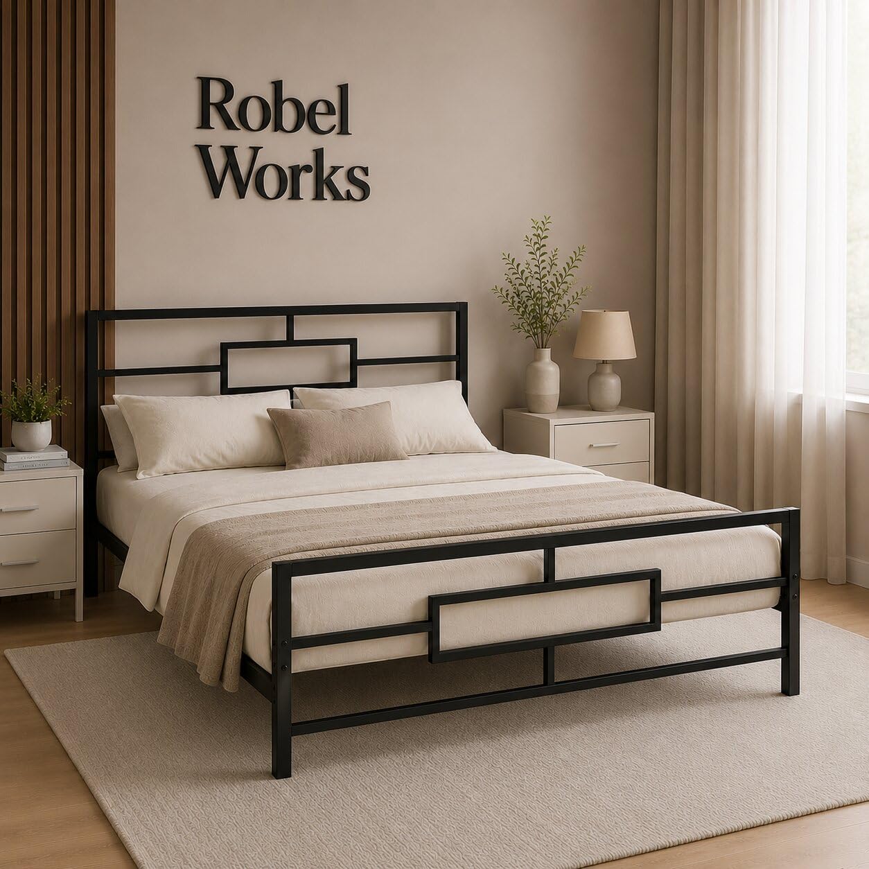 Metal Bed Frame Queen Size | Heavy Duty Iron Platform Bed with Geometric Headboard & Footboard | Powder Coated Rust Resistant Steel Bed | No Box Spring Required | White-image-3