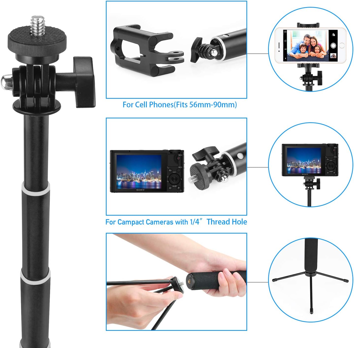 Selfie Stick, UBeesize Extendable Monopod with Tripod Stand and Wireless Shutter Remote, Compatible with iPhone, Samsung, Other Android Phones, Digital Cameras and GoPro