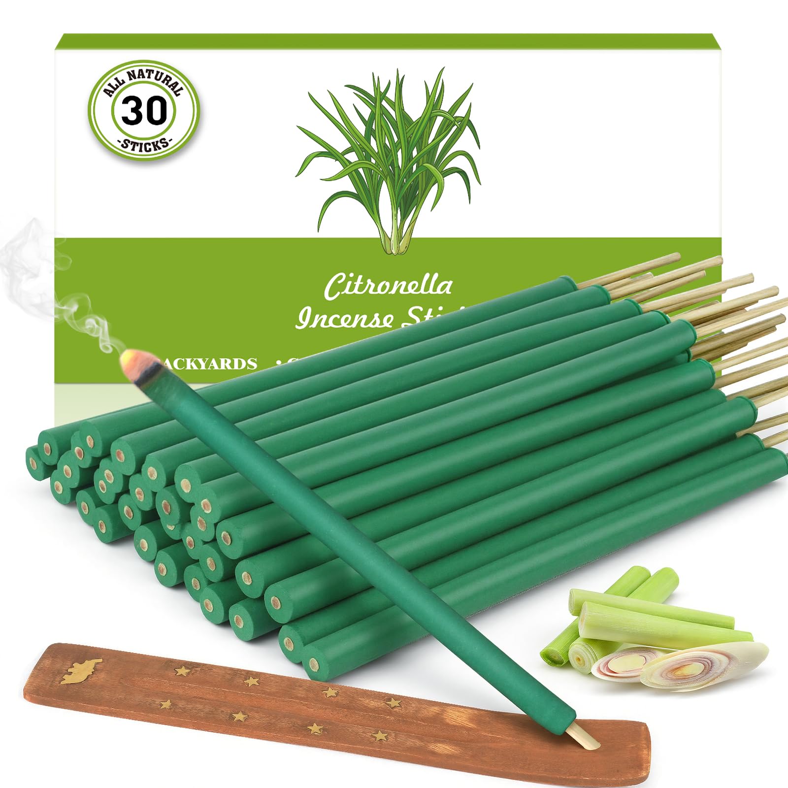 Citronella Räucherstäbchen 30 Stück mit Halter,Bis zu 3000 Minuten Gesamtbrenndauer,Zitronengras Räucherstäbchen mit Citronella Öl für Garten Balkon Terrasse Camping Grillabende