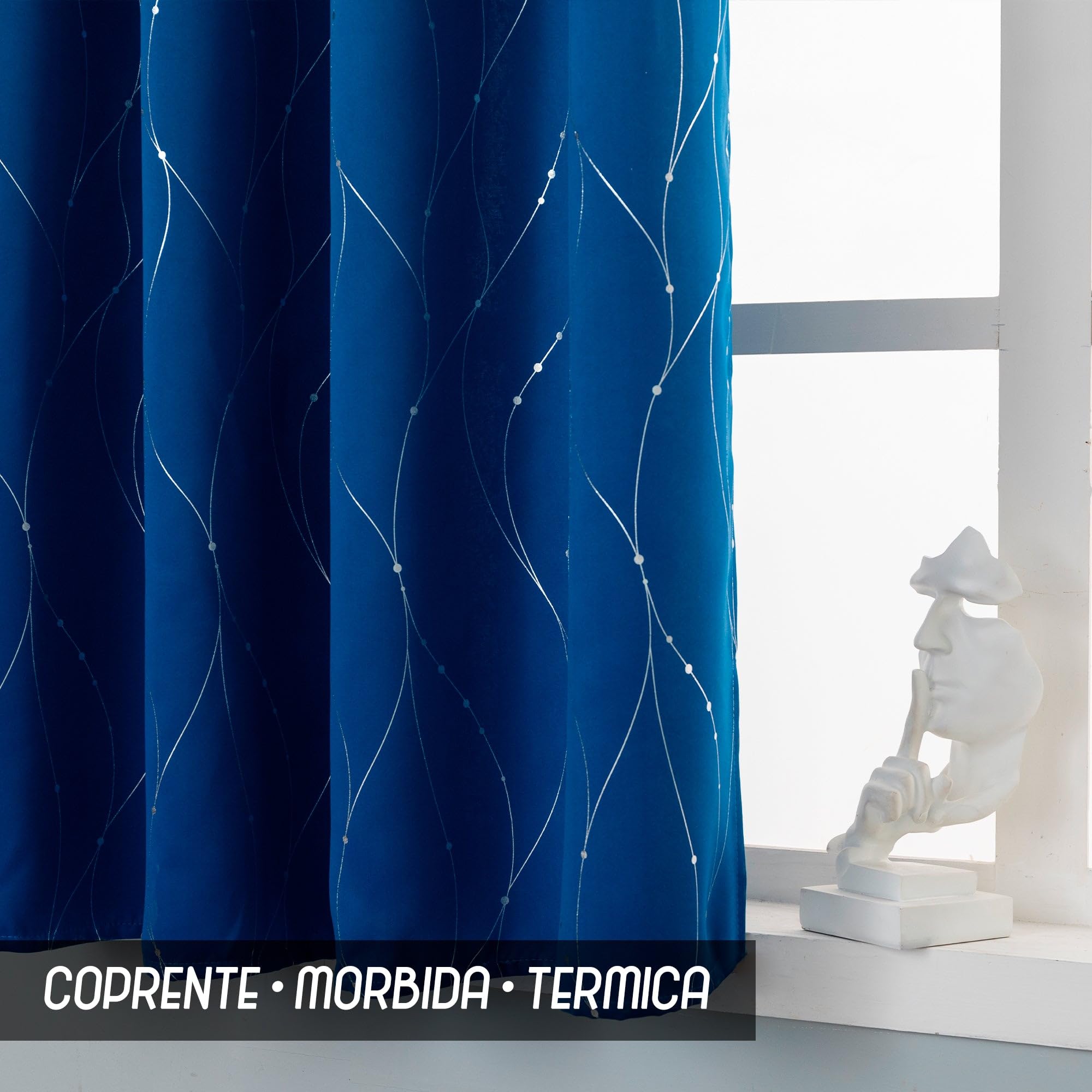 Par de cortinas opacas térmicas suaves con diseño entrelazado plateado - Cortina aislante para salón, dormitorio e interior - 2 paneles con ojales (140 x 145 cm, azul eléctrico)