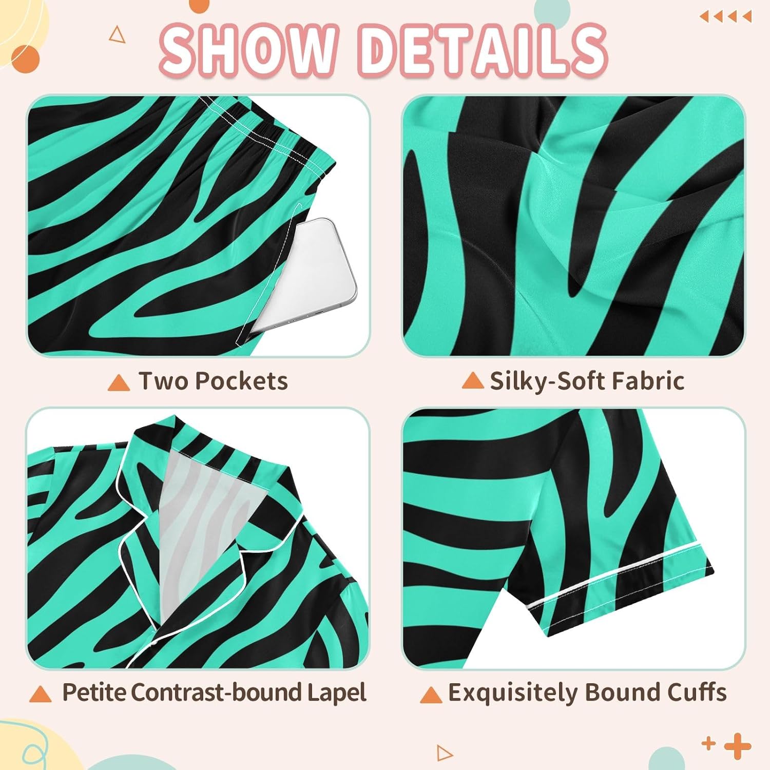 Kids Satin Wear Set Mint Green Zebra Print Pattern Relaxed Fit Clothing Short Sleeve and Shorts