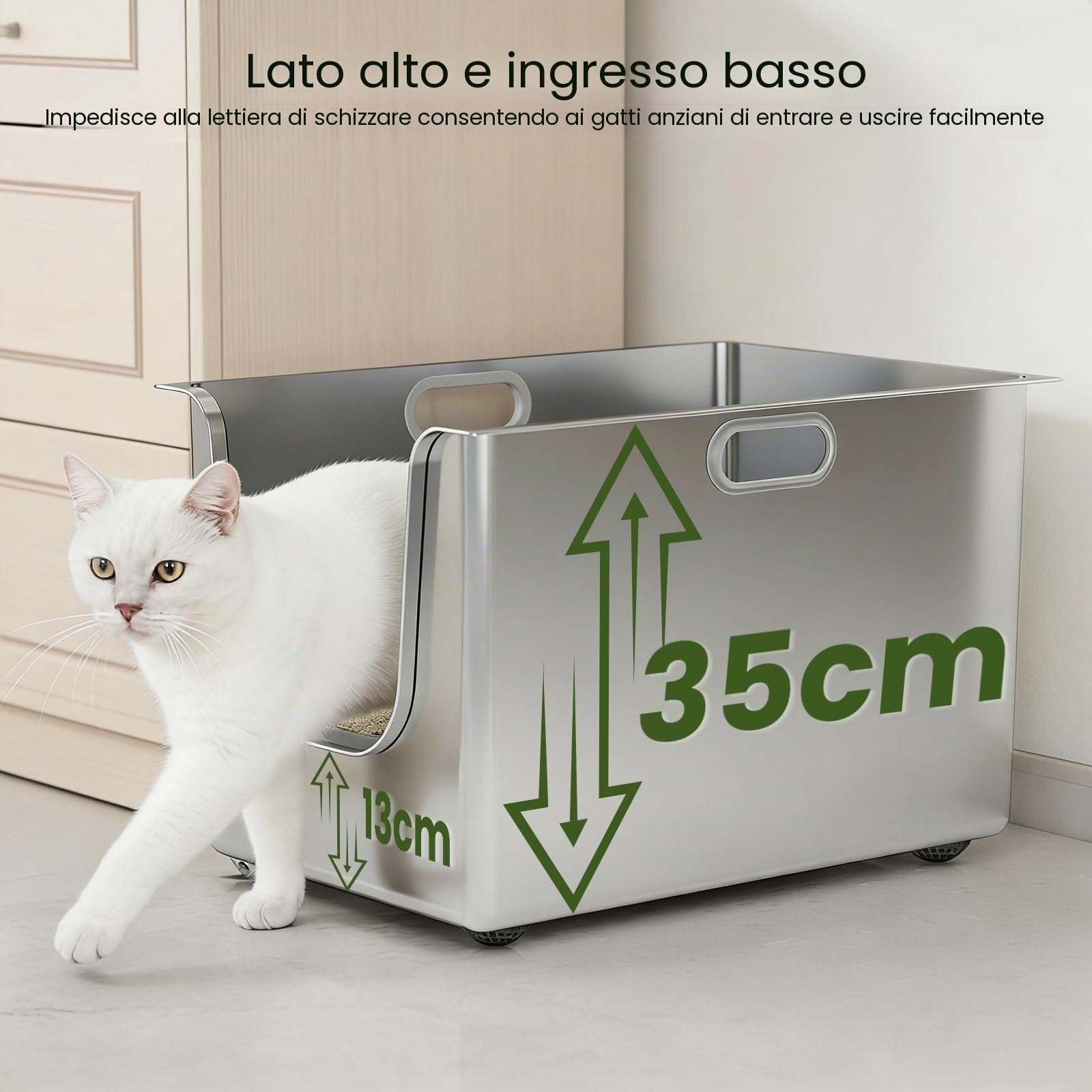 PTLOM Lettiera per gatti in acciaio inox, XL, con lati alti 35 cm, antiruggine, a prova di perdite, ingresso basso per gatti anziani, ruote per un facile spostamento, ideale per famiglie con più gatti