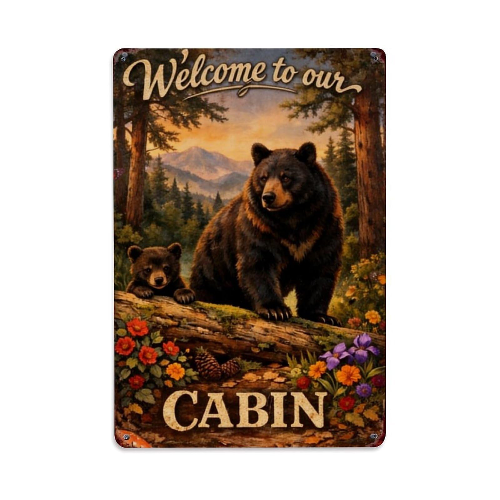 Bear And Cub In Forest Scene Tin Sign Metal Poster Vintage Metal Signs for Home Man Cave Bar Cafe Kitchen laundry room Wall Decorations Gift 8x12Inch