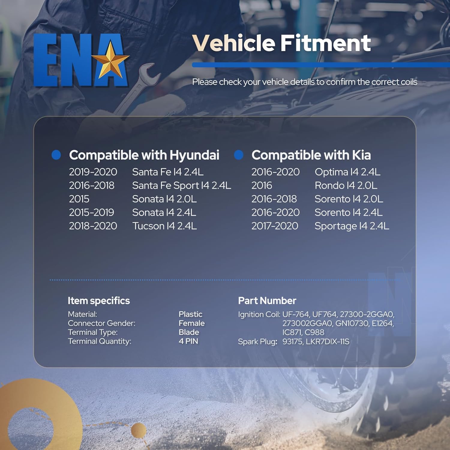 ENA Set of 4 Ignition Coil with 4 Iridium Spark Plug Compatible with Hyundai Kia Genesis Tucson Optima Sonata Santa Fe G80 2015 2016 2017 2018 2019 2020 2.0L 2.4L 5.0L for UF764 93175 273002GGA0
