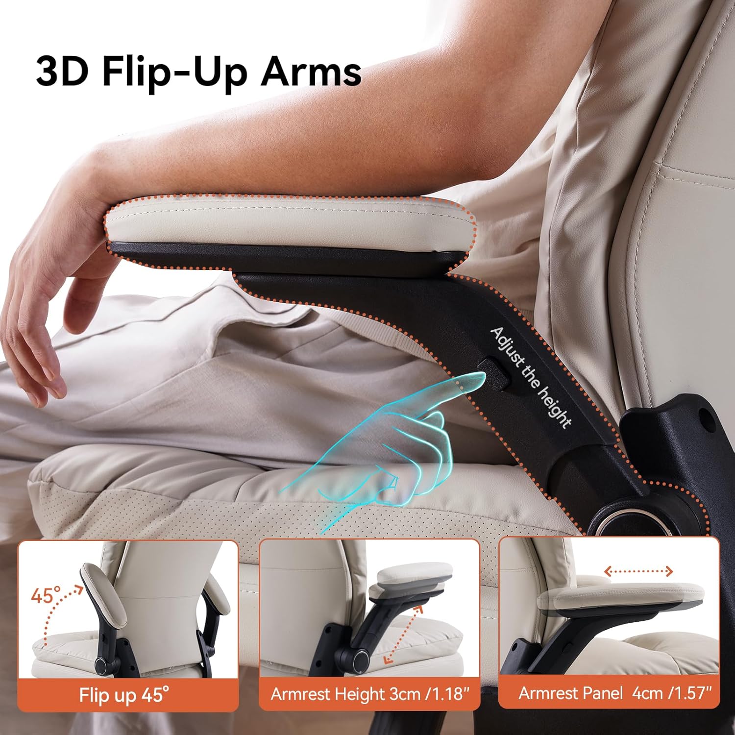 Close-up of the 3D flip-up armrests on the LEAGOO Ergonomic Executive Office Chair, showing the flip-up, height adjustment, and forward/backward shift features.